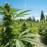 Tall cannabis plants in an open field, displaying robust buds and fan leaves under a bright blue sky, ideal for outdoor cultivation.