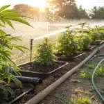 Lush cannabis plants growing outdoors in individual pots, irrigated by a sprinkler system under the warm sunlight
