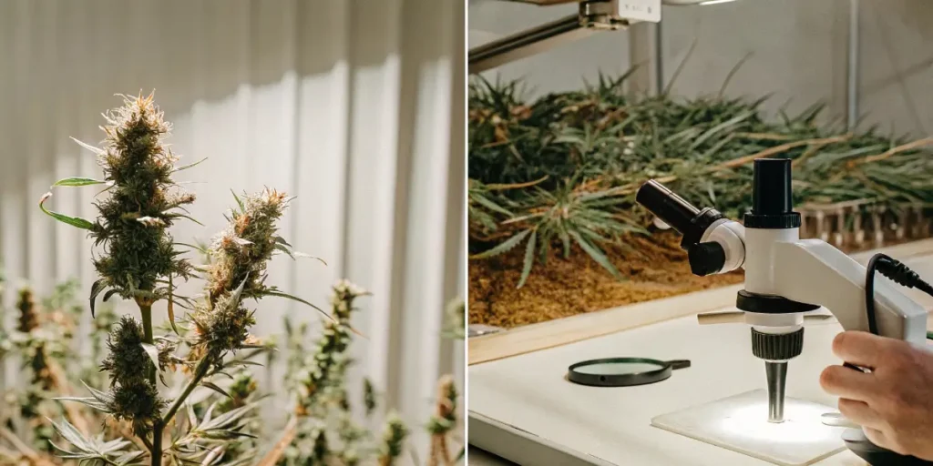cannabis buds and microscope used for detailed lab inspection and quality control

