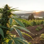 Cannabis field at sunset with large flowering plants and scenic landscape in the background.