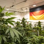 A controlled indoor cannabis grow room in Germany with lush green plants and national flags.