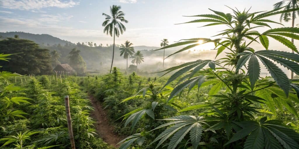 A lush cannabis farm in a tropical valley with palm trees and a sunrise mist.