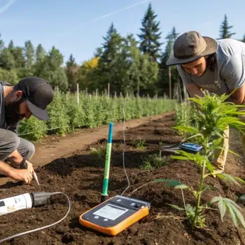 Two farmers testing soil quality with digital equipment in an outdoor cannabis field to optimize nutrient levels.