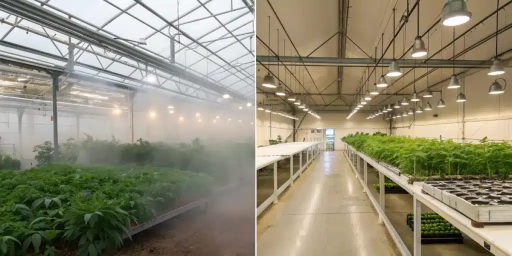 Side-by-side view of cannabis cultivated in a bright greenhouse versus indoors with LED lights, emphasizing growth differences.