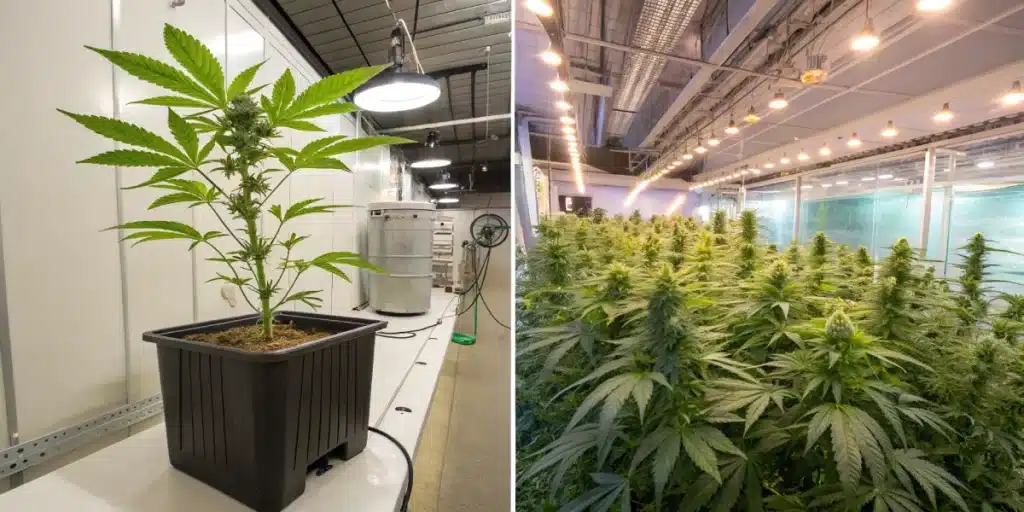greenhouse vs indoor cannabis.webp – Side-by-side view of cannabis cultivated in a bright greenhouse versus indoors with LED lights, emphasizing growth differences.