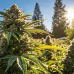 Close-up of a mature cannabis plant with dense buds, in an outdoor field under bright sunlight.