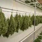 Large-scale drying room with freshly harvested weed plants hanging upside down on metal racks for curing.