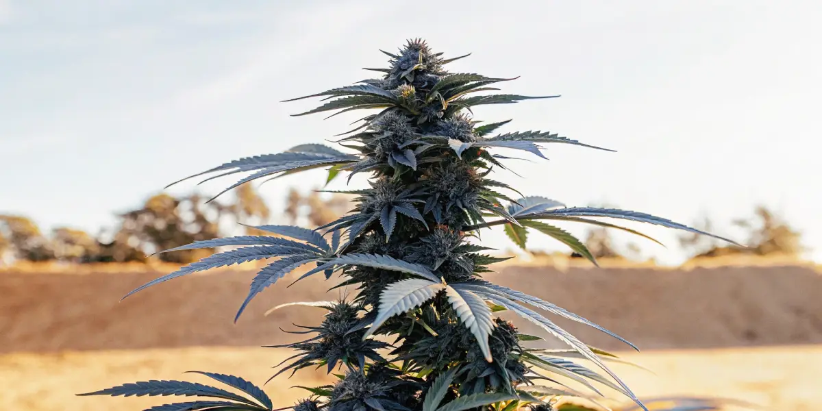 Outdoor cannabis plant thriving in full sunlight with healthy green leaves and dense buds.