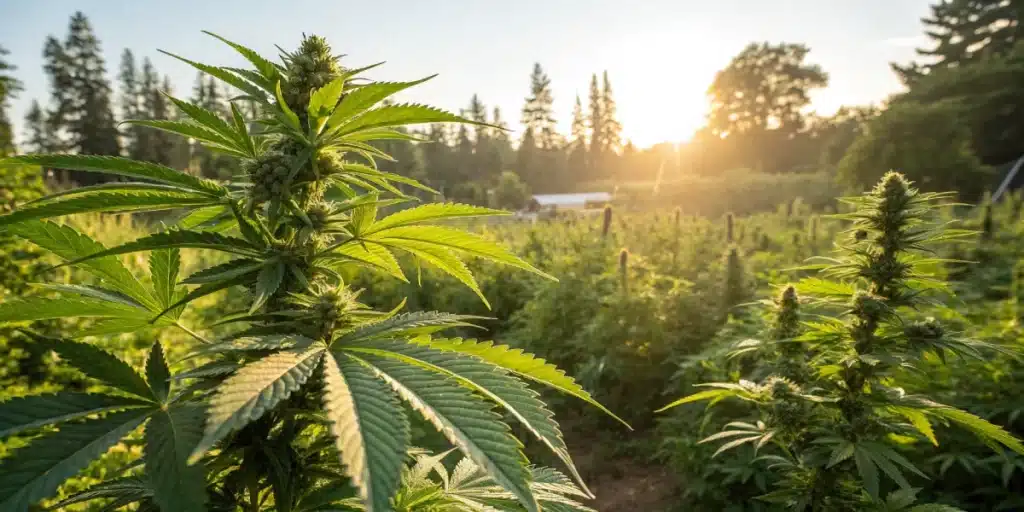 Lush cannabis plants in an outdoor farm at sunset, with dense buds and golden light enhancing their natural growth