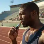Male sprinter on a track holding a vape pen, raising the question can athletes smoke weed in sports