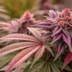 Dense Auto Love Potion Weed buds covered in trichomes, surrounded by vibrant red and purple foliage in outdoor garden