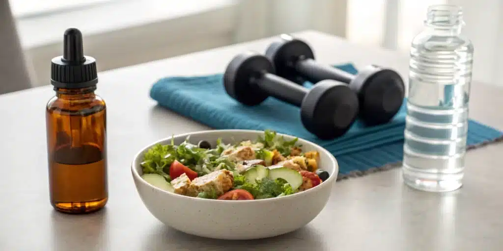 Realistic image showing a nutritious meal and CBD oil, representing the concept of Can CBD Help with Weight Loss by promoting healthy eating and fitness.