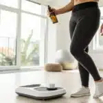 Person in athletic wear holding a bottle, standing near a smart scale and exercise bike indoors.