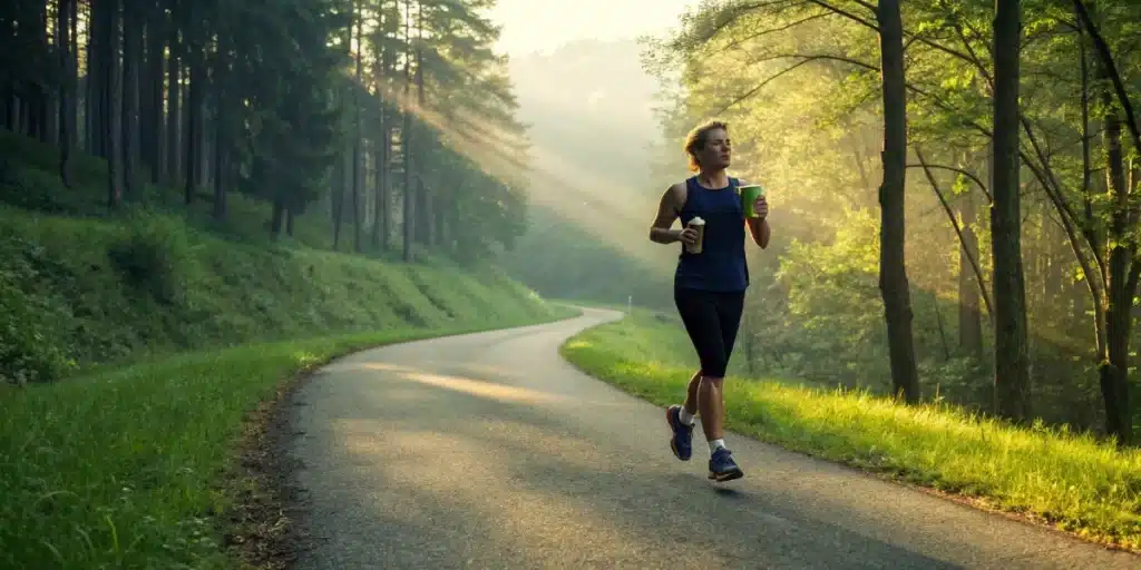 Realistic image of an individual exercising outdoors with a CBD drink, suggesting that Can CBD Help with Weight Loss by supporting an active lifestyle.
