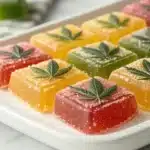 Realistic image of vibrant cannabis hard candy pieces on a plate, showcasing the final product of a detailed recipe.