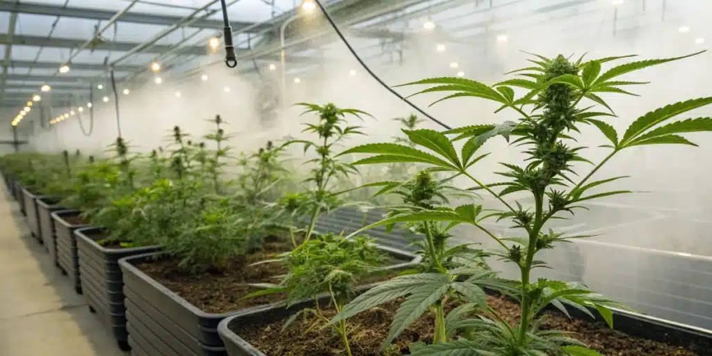 Realistic greenhouse image of cannabis clones developing roots under optimal propagation conditions.