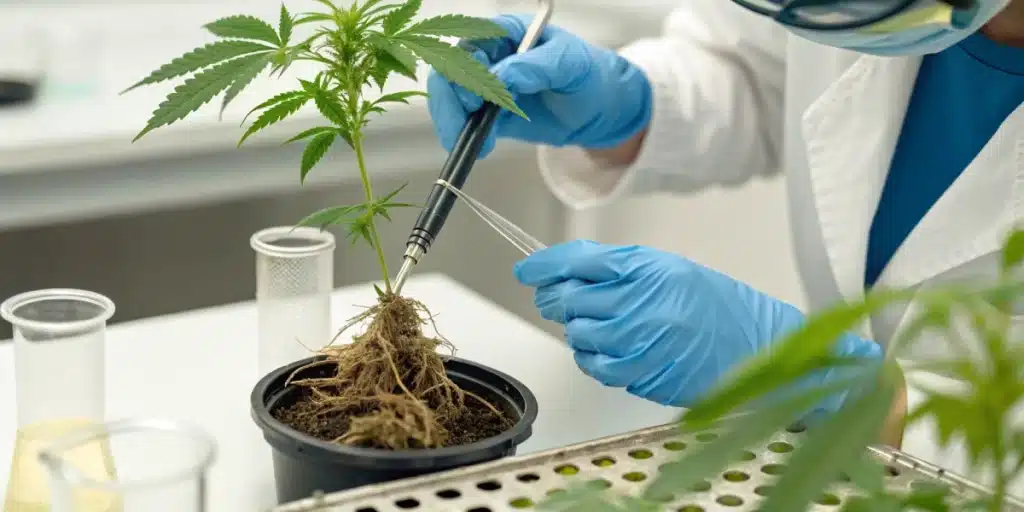 Realistic laboratory scene of a technician assessing the root development of cannabis clones for accurate growth analysis.