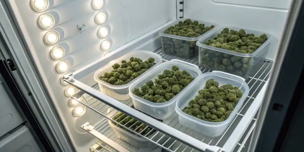 Realistic image of a state-of-the-art curing chamber for cannabis, illustrating advanced environmental controls and organized storage for optimal curing results.







