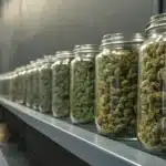 long row of glass jars filled with cured cannabis flower on a shelf in a dark room.