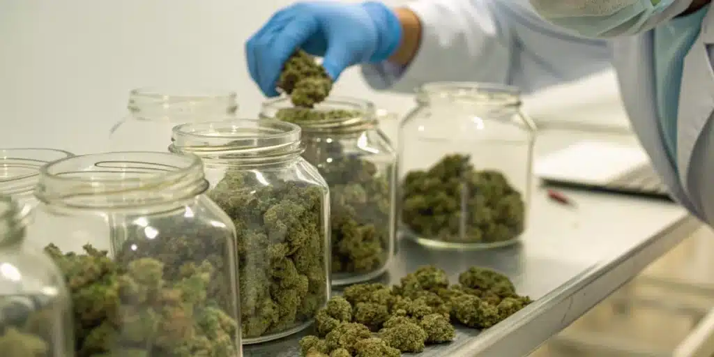 Realistic image of a grower burping glass jars to cure cannabis, emphasizing proper air circulation and moisture management during the curing process.