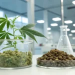 A cannabis plant with dried buds and extracts in a laboratory, surrounded by glassware and scientific equipment.