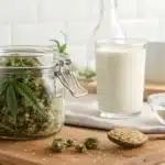 Glass jar of cannamilk recipe with hemp buds, measuring cup, and milk carton on wooden counter.