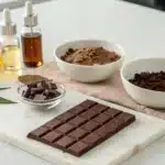Realistic view of a kitchen countertop set up for a chocolate cannabis recipe with all required ingredients neatly arranged.