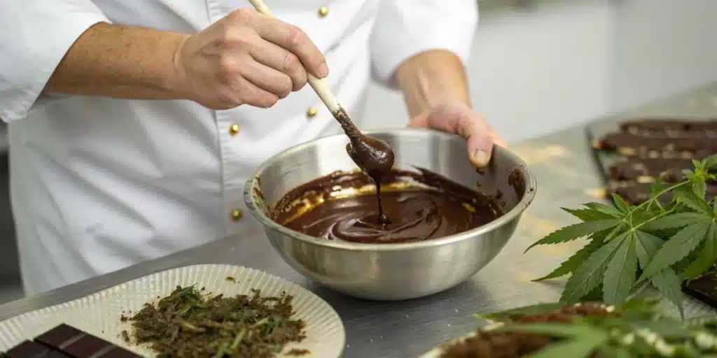 Realistic close-up of a chef mixing cannabis oil into melted chocolate as part of the cannabis-infused recipe.