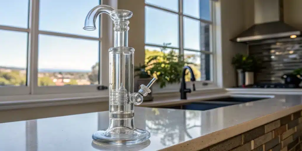 Realistic image illustrating how to clean a percolator bong with a reassembled, pristine device on a countertop.