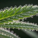 Close-up view of cannabis sativa leaf with visible trichomes and water droplets on the surface