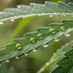 Cluster of tiny green caterpillars resting on a cannabis leaf.