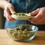 Hands using a potato ricer to press cannabis into a glass bowl.