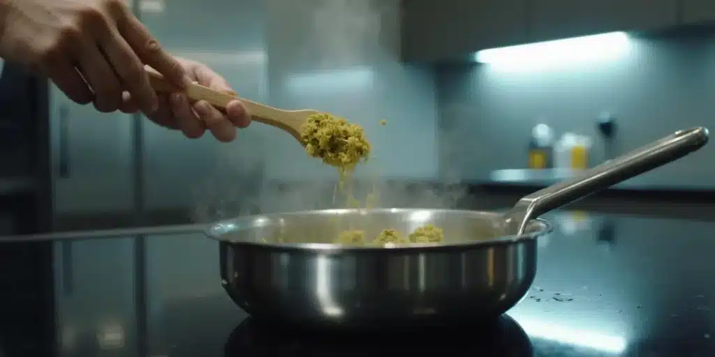 Person adding kief to a steaming pan while cooking cannabutter on a stovetop.