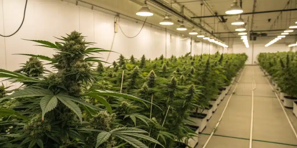 Realistic indoor grow room scene featuring densest weed strains with heavy, compact buds and vibrant colors.
