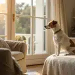 Realistic image of a dog in a cozy home environment emphasizing pet safety in areas where cannabis is used.
