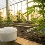 Realistic image of cannabis plants in a greenhouse with a container of Epsom salt, emphasizing enhanced growth and nutrient uptake.