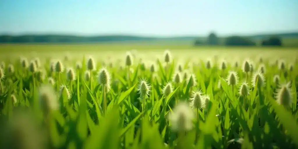 Wide shot of a cannabis field with white color weed plants under the clear sky.