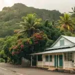 Realistic image of a licensed cannabis shop in Fiji, highlighting legal status against a tropical backdrop.