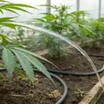 Realistic image of flush cannabis plants being rinsed with water in a greenhouse to remove excess nutrients.