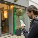 Tourist checking germany weed laws for tourists on phone outside Berlin cannabis club.