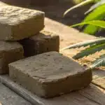 hashish vs charas: close up view of Moroccan hashish blocks on wood with cannabis leaves
