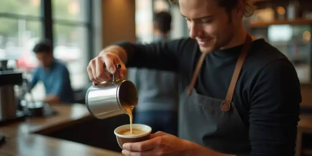 Smiling barista pouring cannabis-infused milk into a cup of coffee at a café.