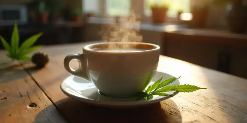Cannabis coffee served in a white cup with a cannabis leaf on a rustic wooden table.