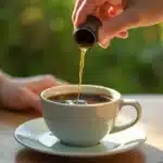 Hand pouring cannabis oil into a steaming cup of black coffee outdoors.