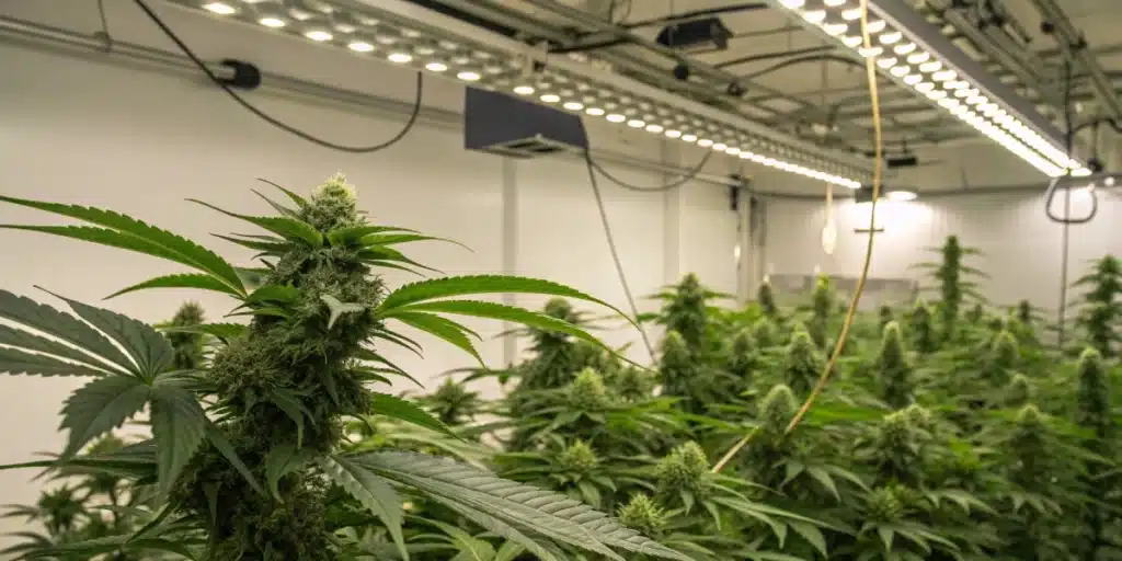 Realistic indoor grow room utilizing the best hydro nutrients for weed, highlighting advanced hydroponic systems and vibrant plant growth.