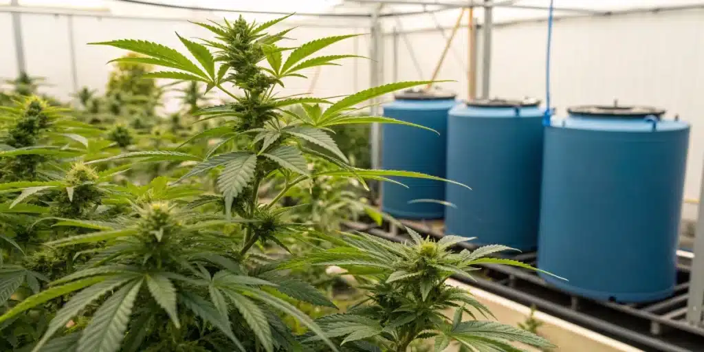 Realistic hydroponic garden image showcasing cannabis plants fed with the best hydro nutrients for weed for optimal health.