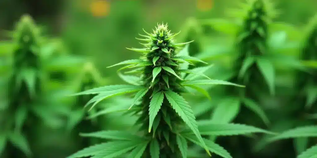 Cannabis plant outdoors with visible nodes and symmetrical leaf growth.