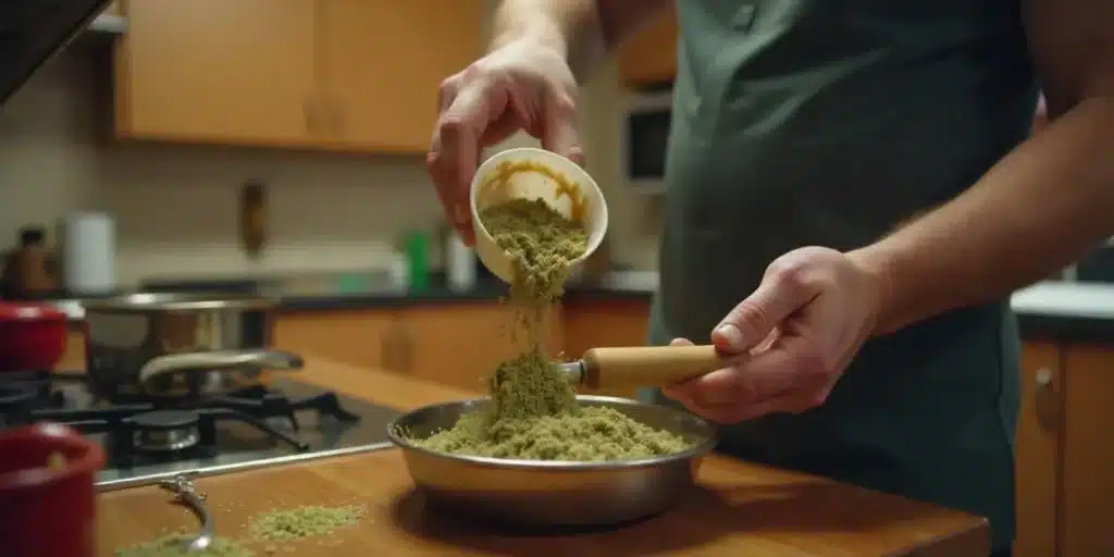 Person pouring ground cannabis concentrate into a pan on a kitchen stove.