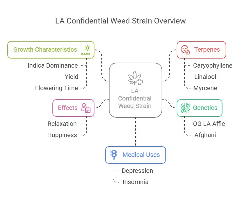 LA Confidential Weed Strain chart highlighting growth traits, effects, genetics, terpene profile, and medical uses.