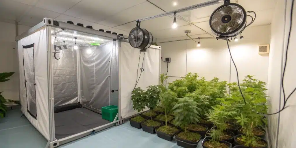LA Confidential Weed Strain plants growing in pots beside a reflective grow tent and oscillating fans inside a controlled room.